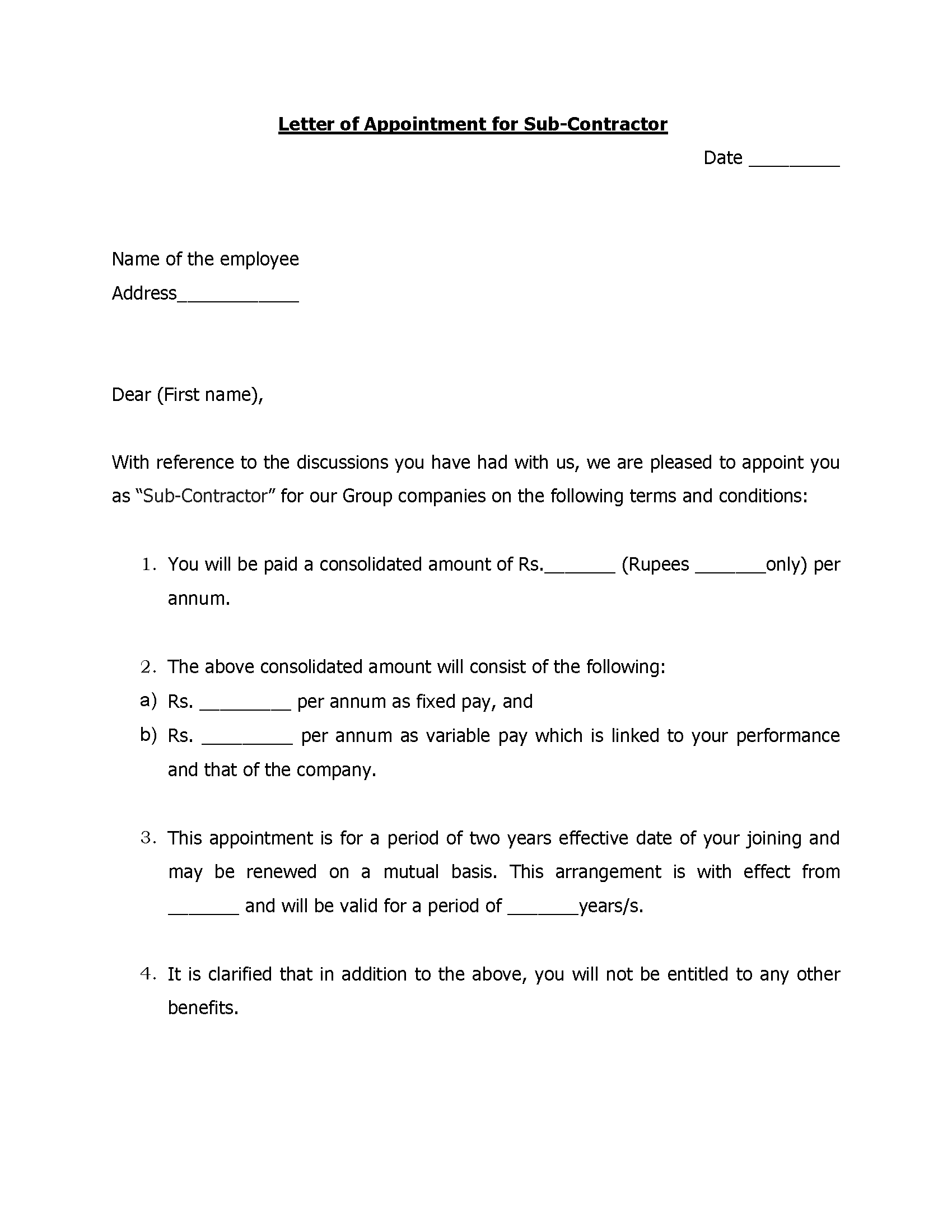 Letter Of Appointment For Sub-Contractor